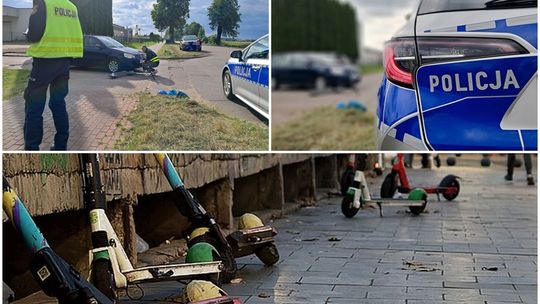 Kraksy drogowe z udziałem hulajnogistów m.in. czołowe zderzenie rowerzysty i użytkownika hulajnogi
