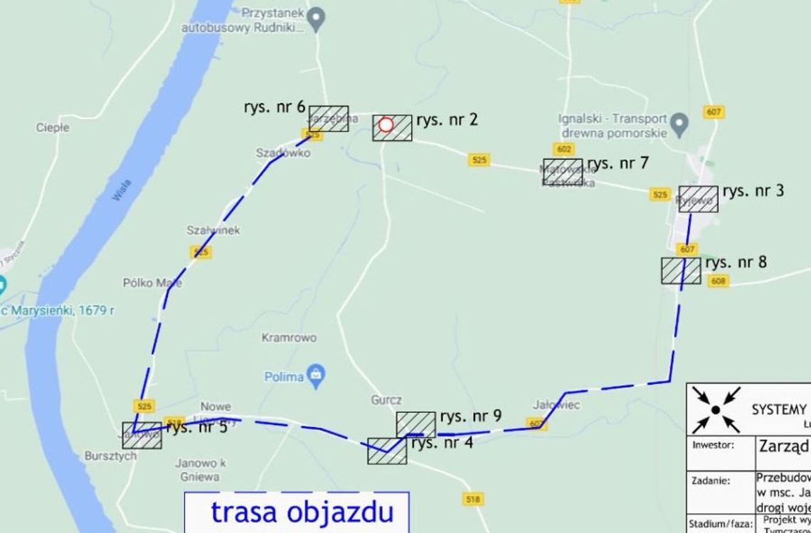 UWAGA !!! Objazdy w Sadlinkach i gminie Ryjewo. Zamknięty przejazd i remont mostu
